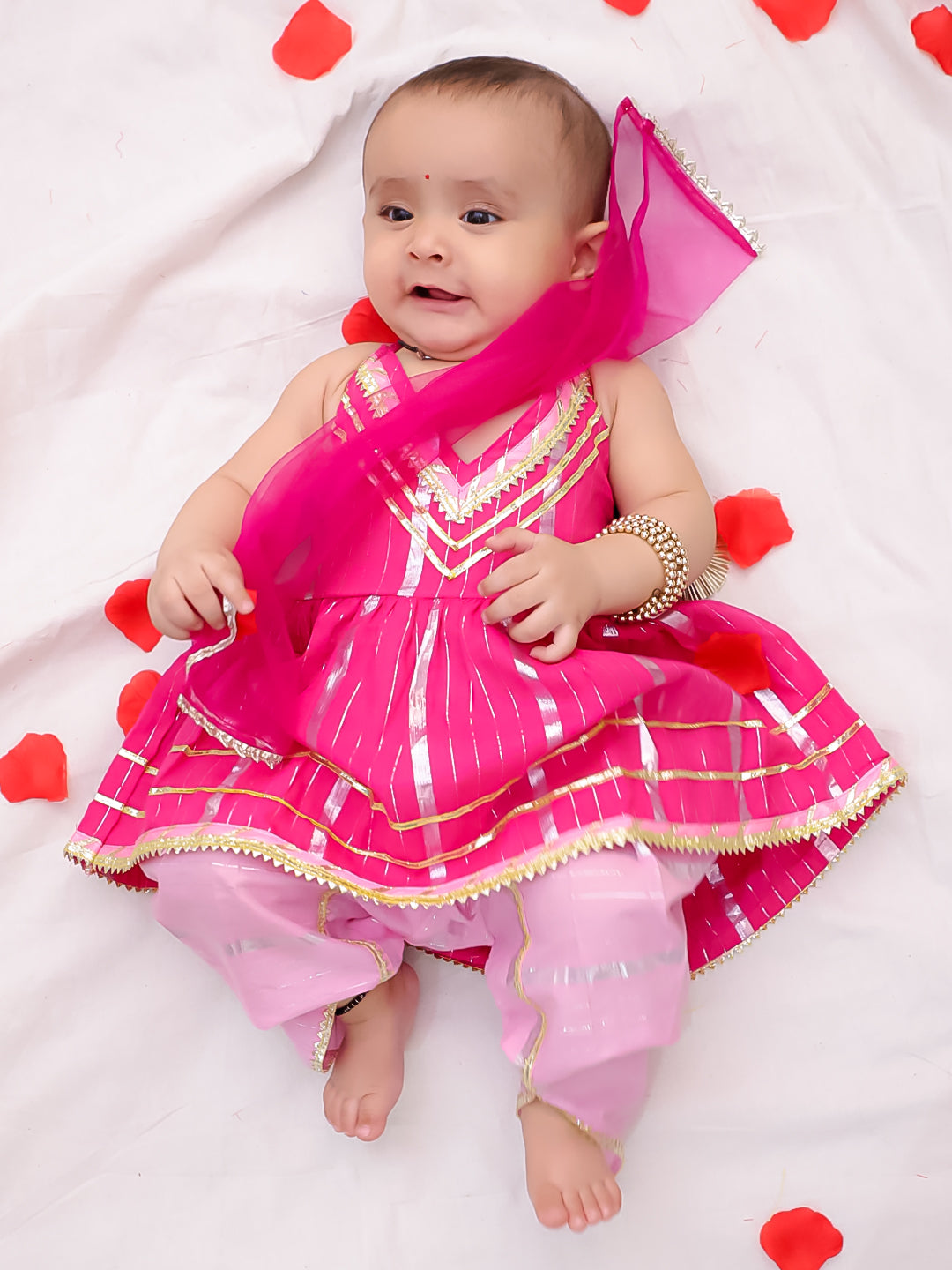 BownBee Pure Cotton Lurex Suit And Dhoti Kurta Sibling Set For Infant Girls - Pink