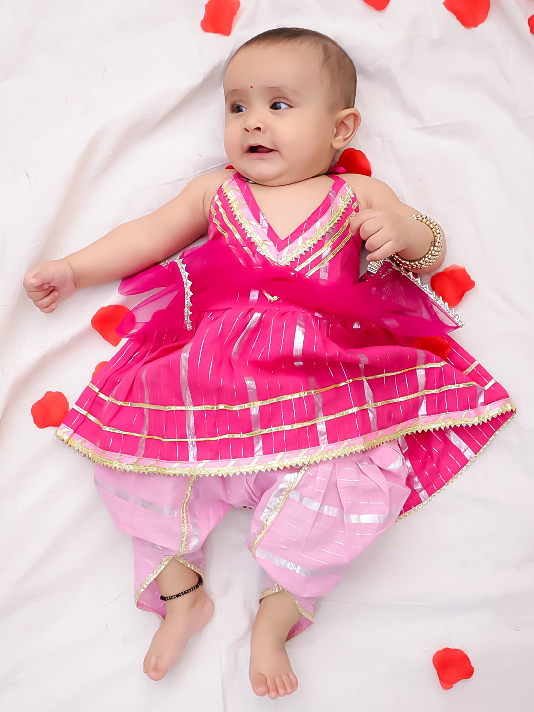 BownBee Pure Cotton Lurex Suit And Dhoti Kurta Sibling Set For Infant Girls - Pink