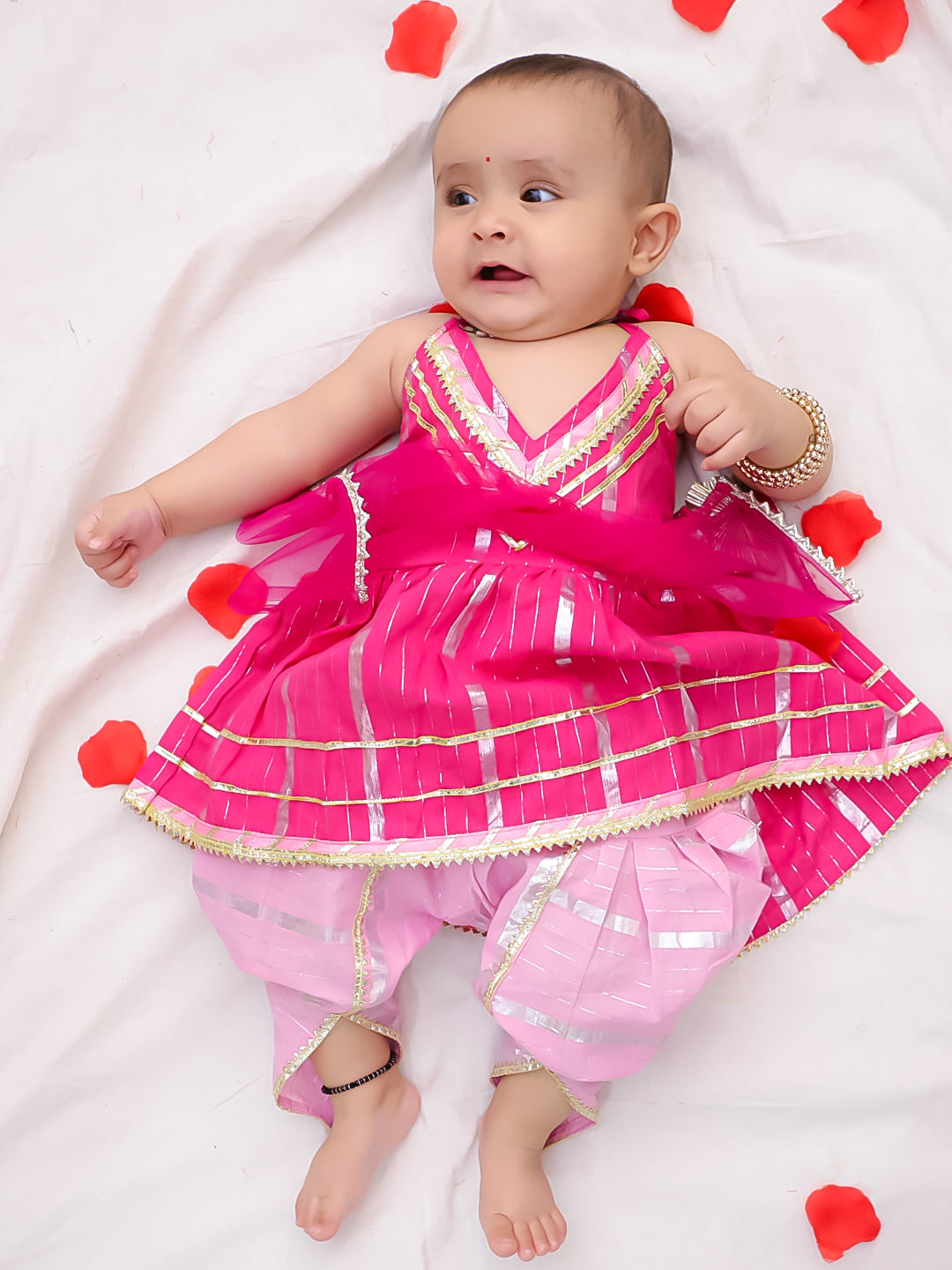 BownBee Pure Cotton Lurex Suit And Dhoti Kurta Sibling Set For Infant Girls - Pink