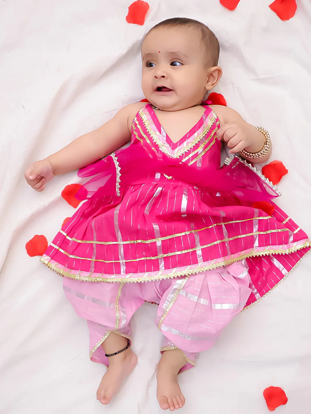 BownBee Pure Cotton Lurex Suit And Dhoti Kurta Sibling Set For Infant Girls