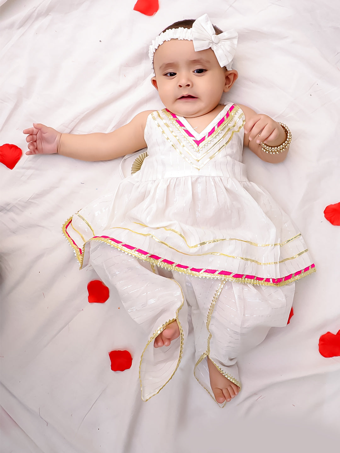 BownBee Pure Cotton Lurex Suit And Dhoti Kurta Sibling Set For Infant Girls - Pink