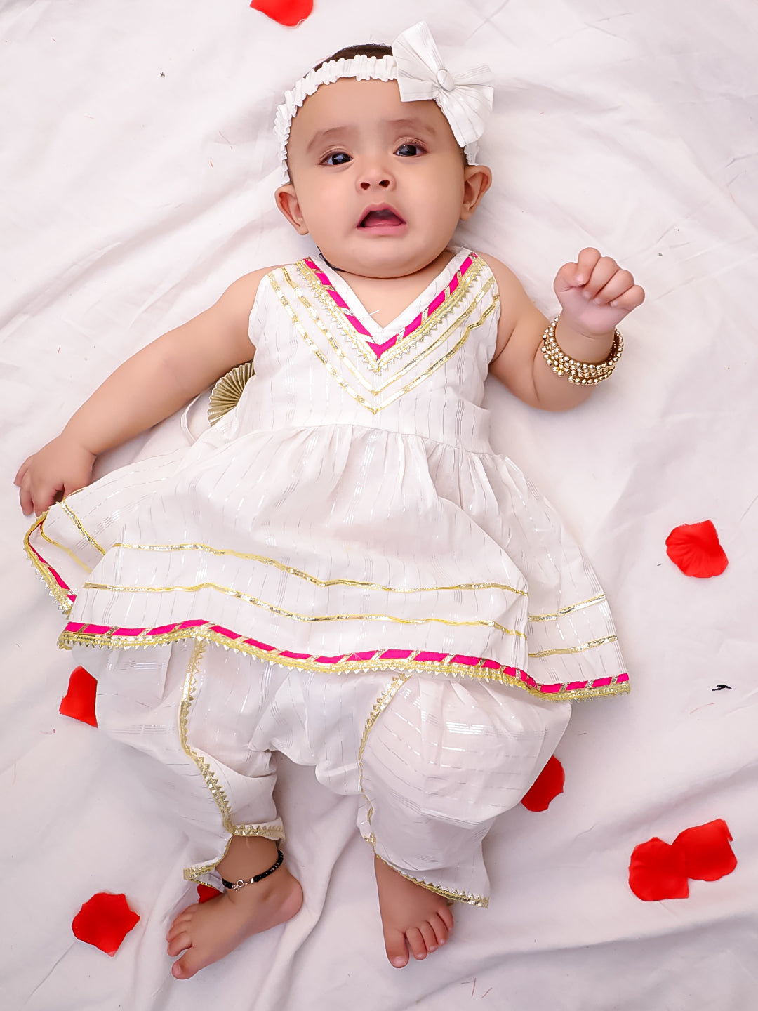 BownBee Pure Cotton Lurex Suit And Dhoti Kurta Sibling Set For Infant Girls - Pink
