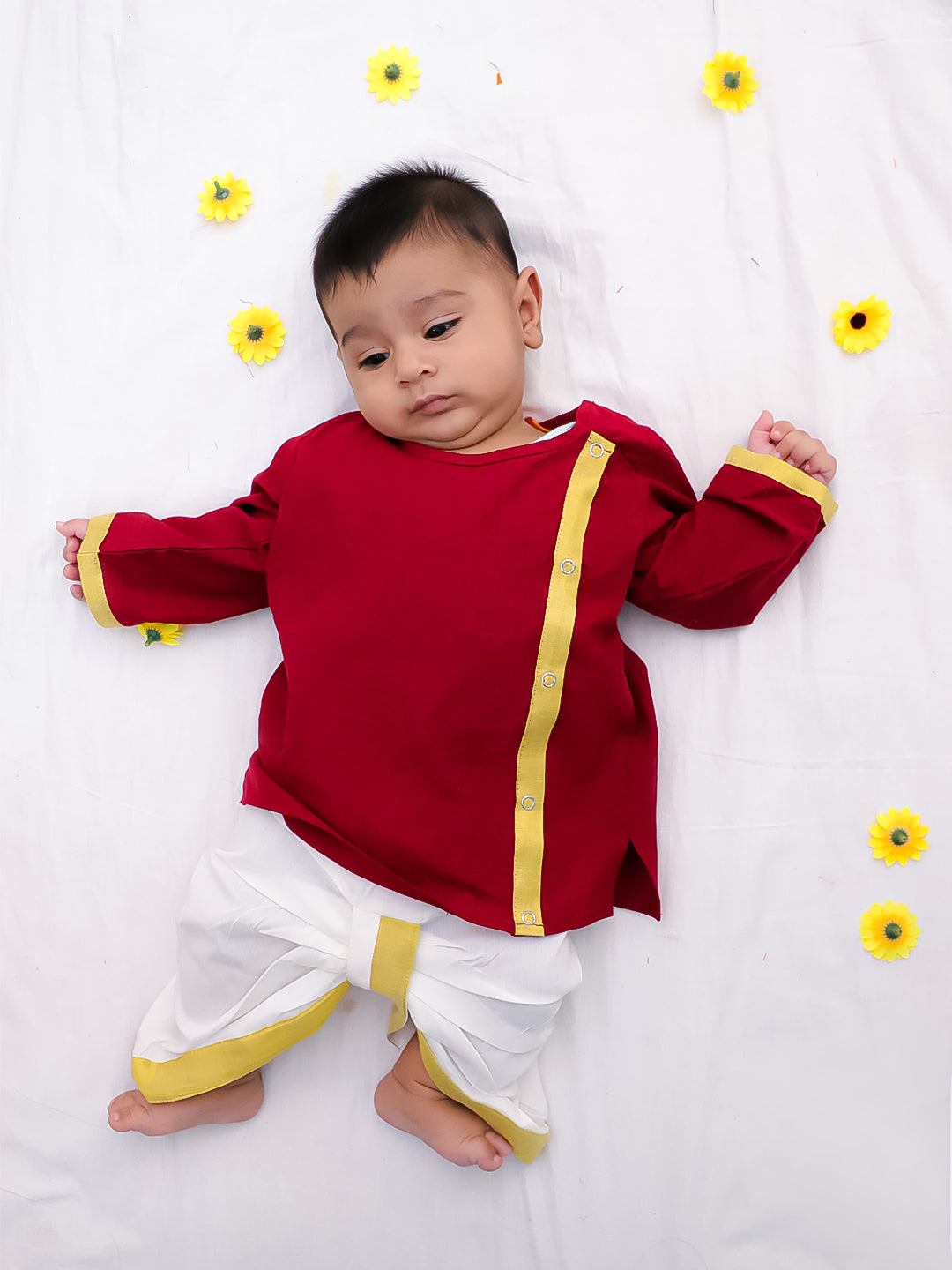 BownBee South Indian  Long Sleeves Pure Cotton Dhoti Kurta Set For Infant Boys -Maroon