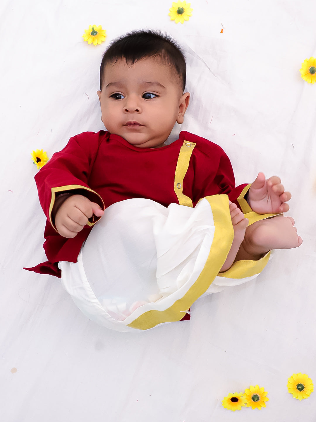 BownBee South Indian  Long Sleeves Pure Cotton Dhoti Kurta Set For Infant Boys -Maroon