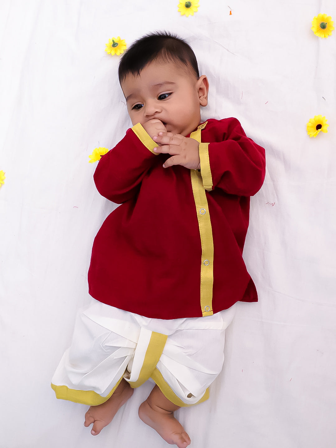 BownBee South Indian  Long Sleeves Pure Cotton Dhoti Kurta Set For Infant Boys -Maroon