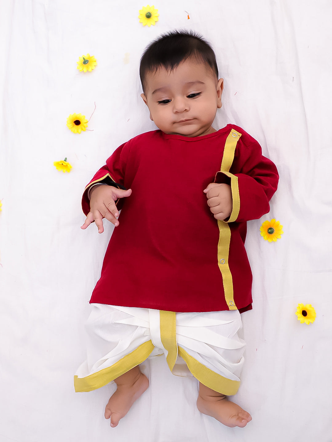 BownBee South Indian  Long Sleeves Pure Cotton Dhoti Kurta Set For Infant Boys -Maroon