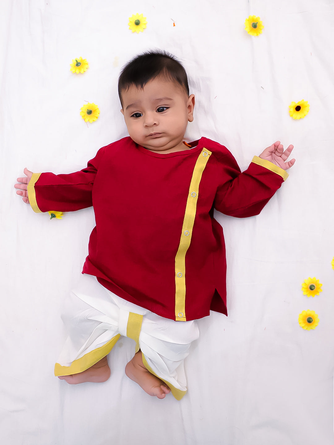 BownBee South Indian  Long Sleeves Pure Cotton Dhoti Kurta Set For Infant Boys -Maroon