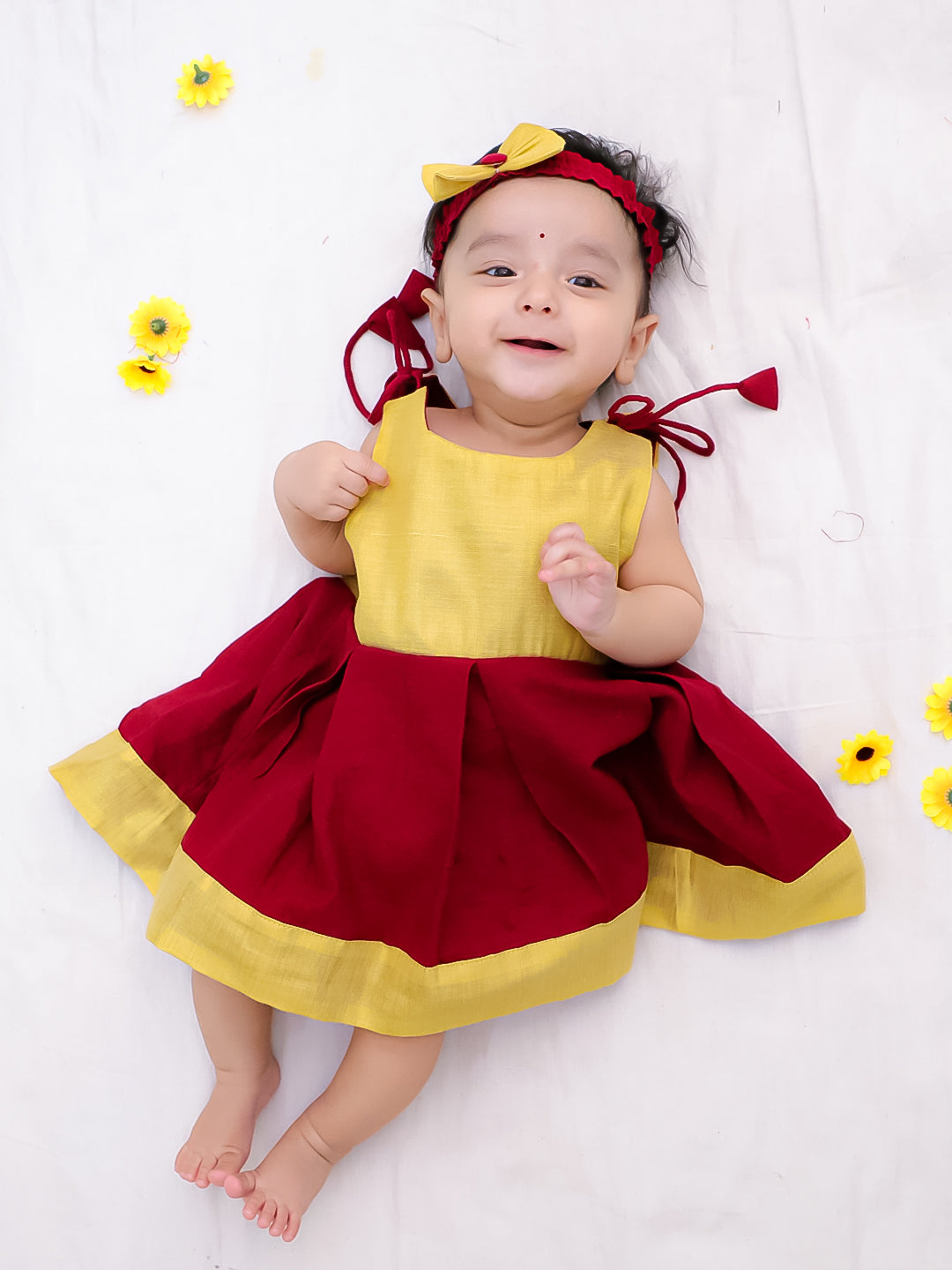 BownBee South Indian Sleeveless  Pure Cotton Shoulder Tie-Up Frock  For Infant Girls- Maroon