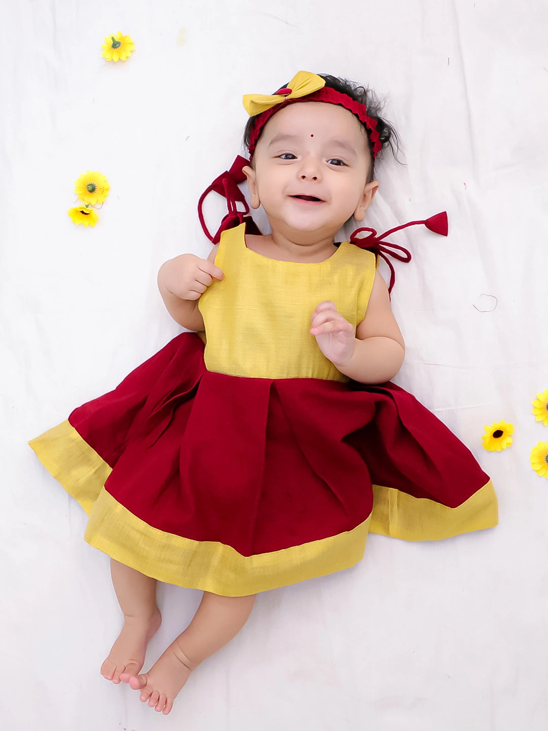 Bownbee Girls Cotton Dress For Infants  - Solid - Maroon