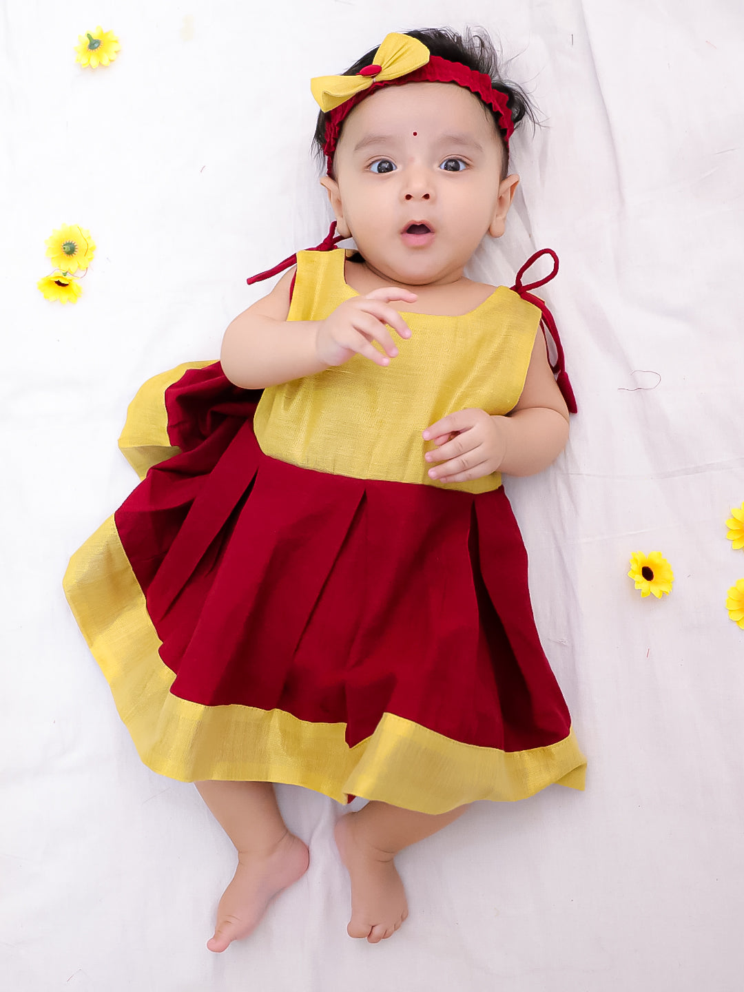 BownBee South Indian Sleeveless  Pure Cotton Shoulder Tie-Up Frock  For Infant Girls- Maroon