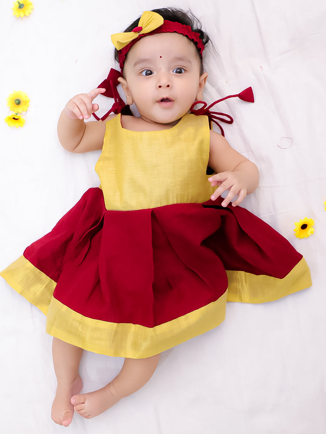 BownBee South Indian Sleeveless  Pure Cotton Shoulder Tie-Up Frock  For Infant Girls- Maroon
