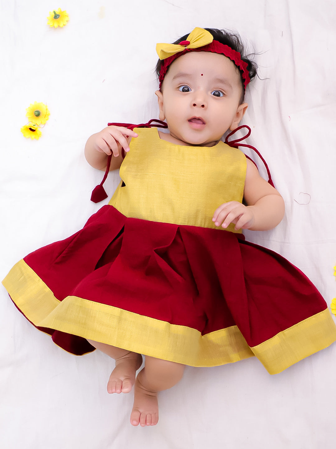 BownBee South Indian Sleeveless  Pure Cotton Shoulder Tie-Up Frock  For Infant Girls- Maroon