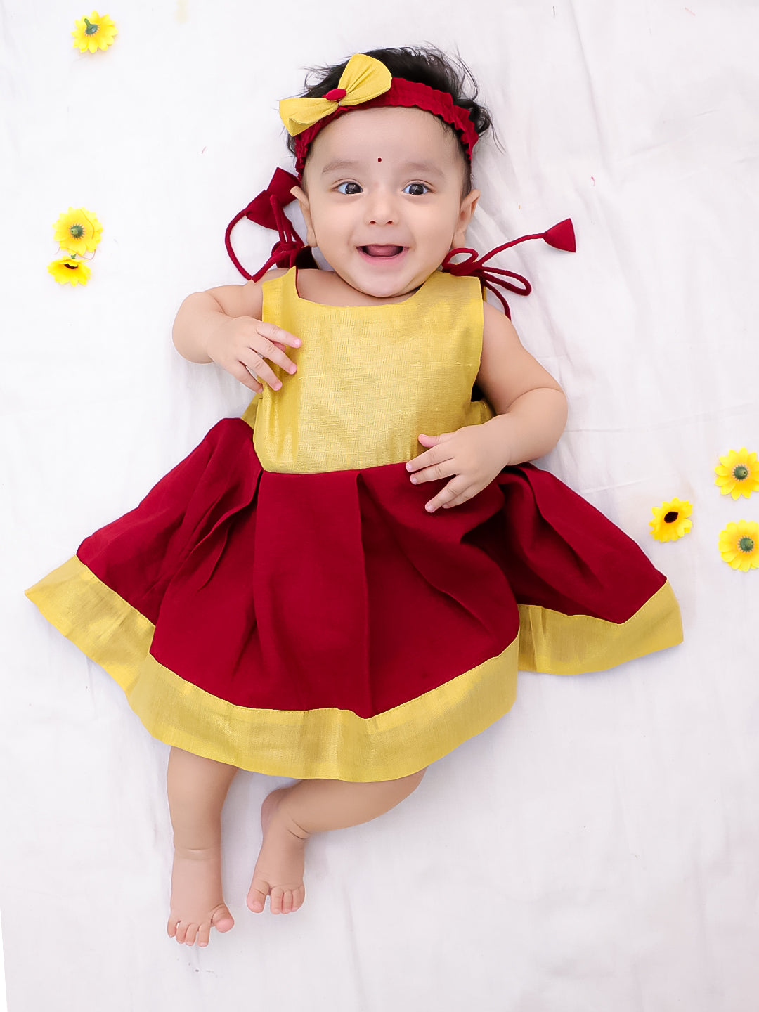 BownBee South Indian Sleeveless  Pure Cotton Shoulder Tie-Up Frock  For Infant Girls- Maroon