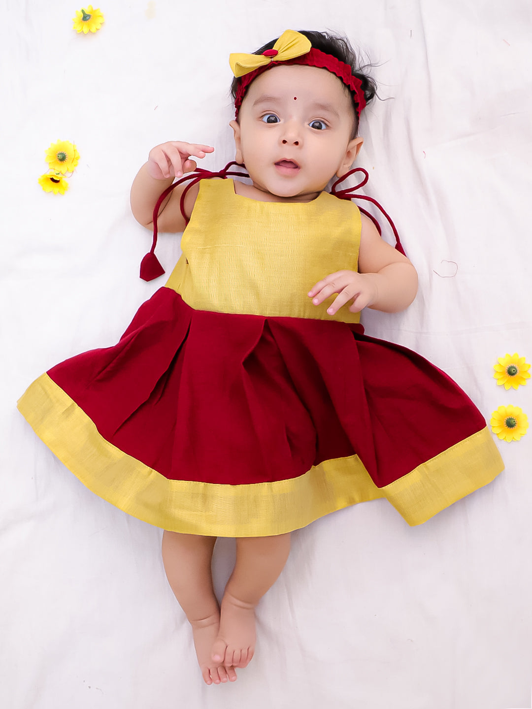 BownBee South Indian Sleeveless  Pure Cotton Shoulder Tie-Up Frock  For Infant Girls- Maroon