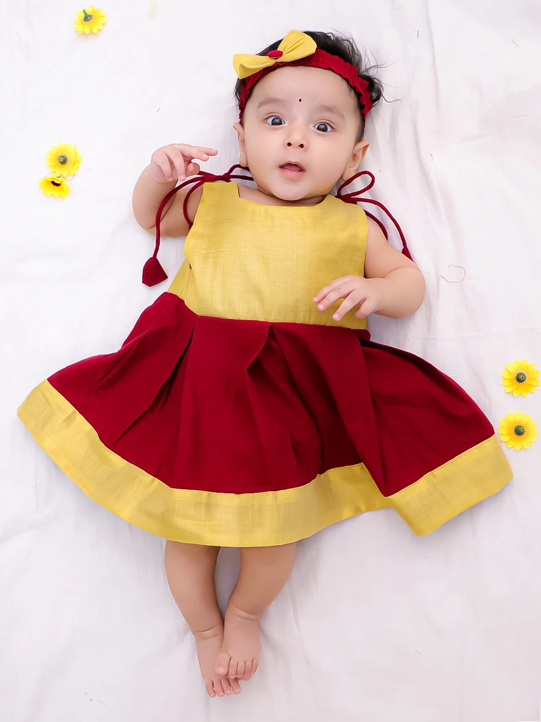 Bownbee Girls Cotton Dress For Infants  - Solid - Maroon