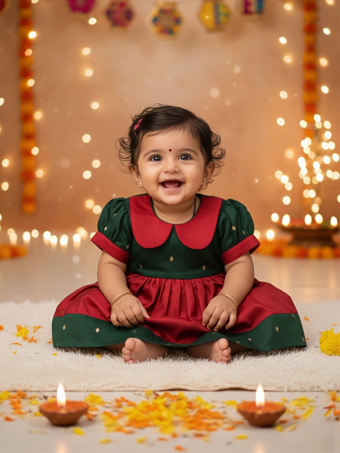 BownBee Festive Half Sleeves Collared  Dress With  Hairband For Infant Girls