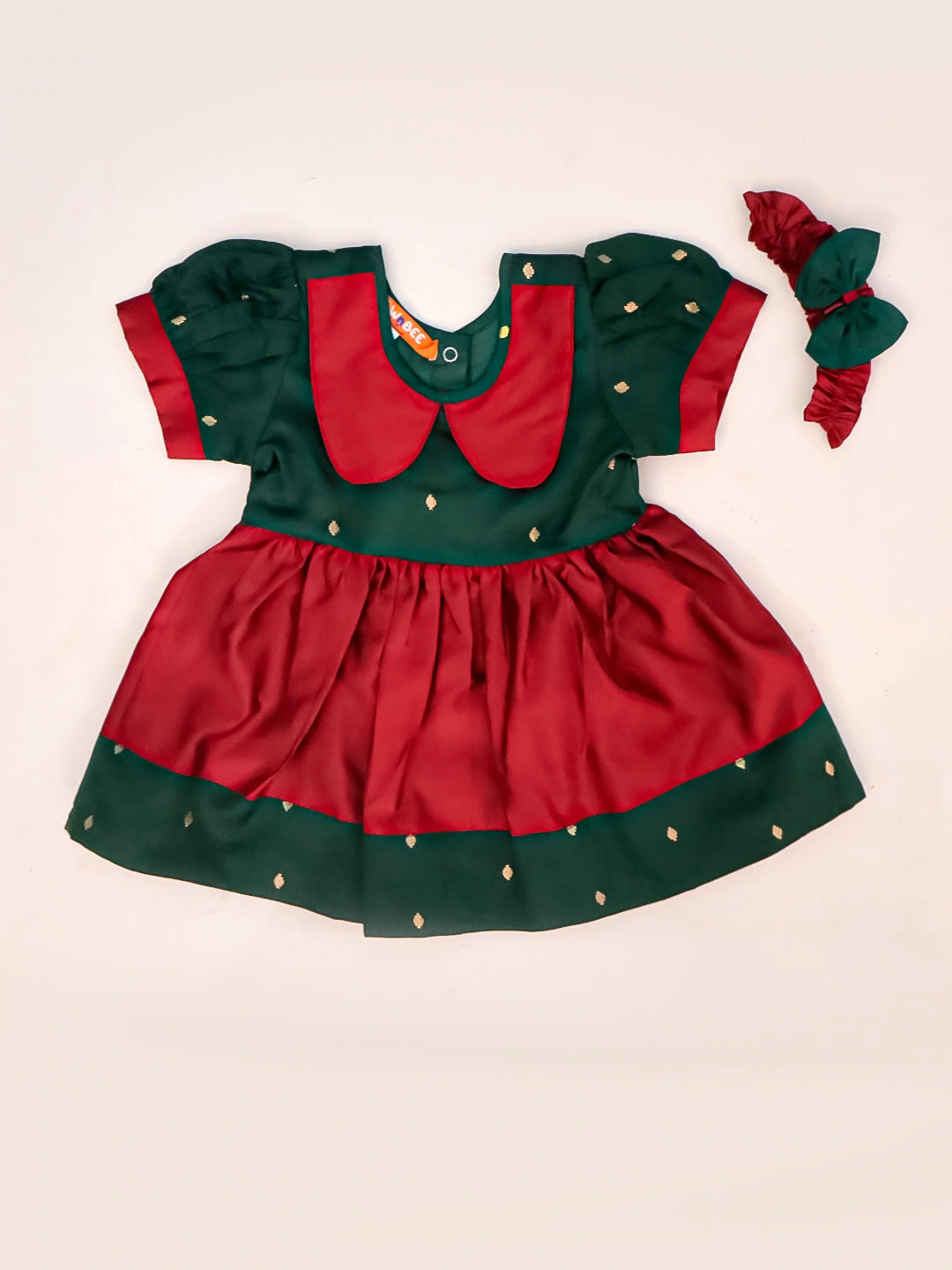 BownBee Festive Half Sleeves Collared  Dress With  Hairband For Infant Girls
