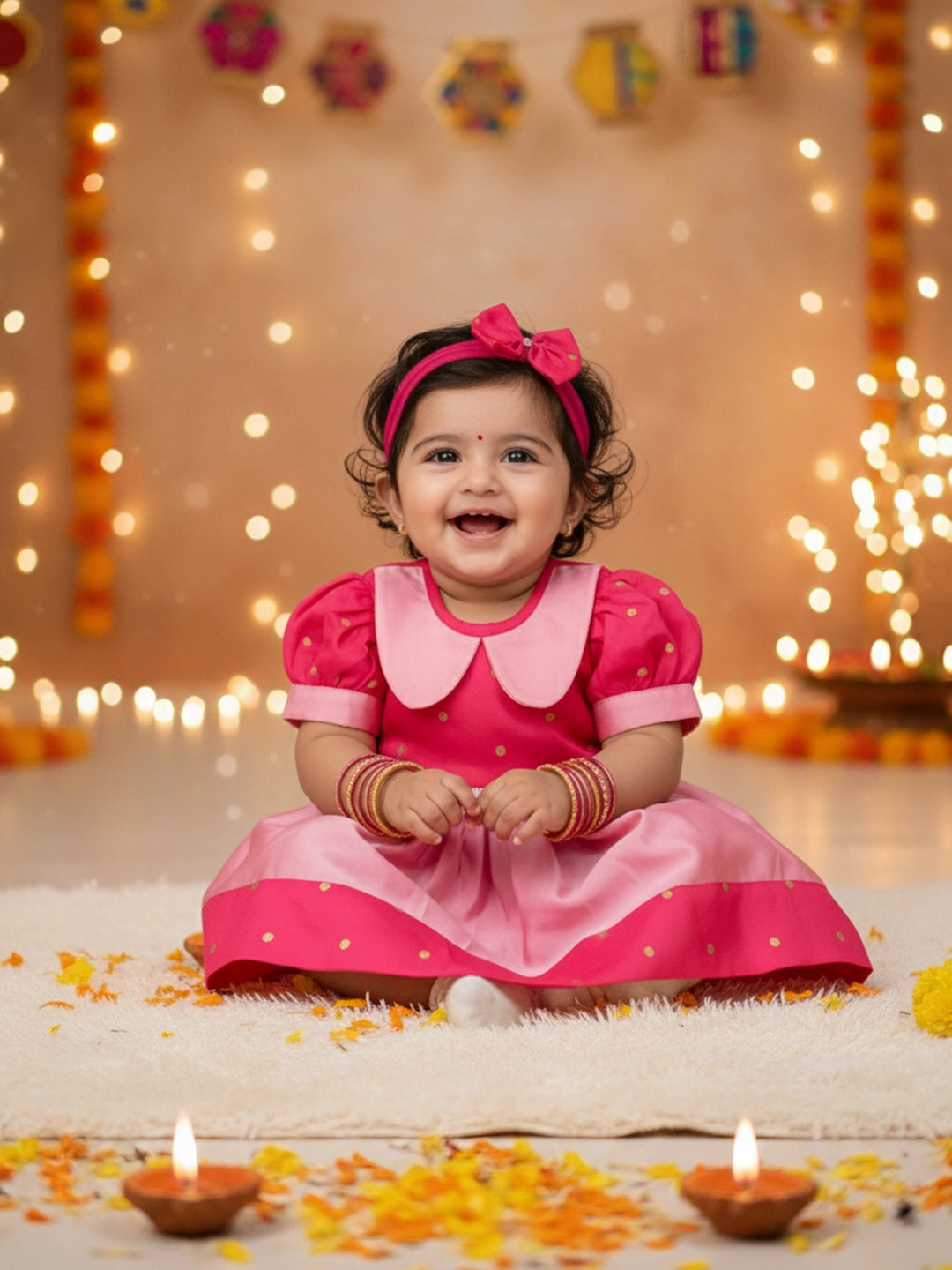 BownBee Festive Half Sleeves Collared  Dress With  Hairband For Infant Girls