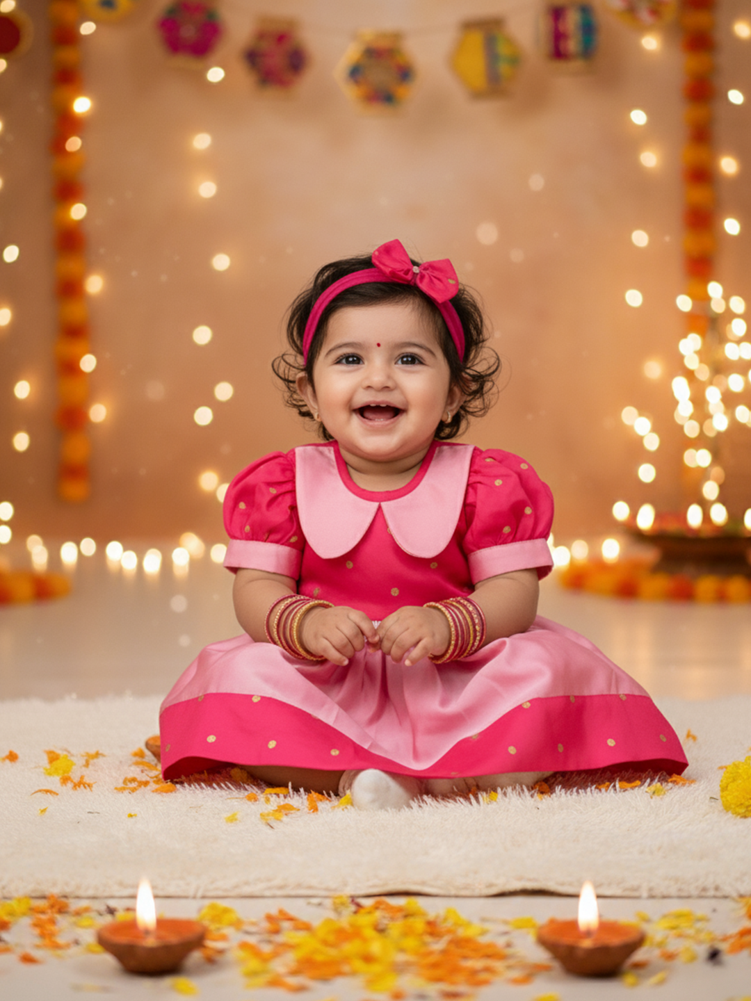 BownBee Festive Half Sleeves Collared  Dress With  Hairband For Infant Girls - Purple