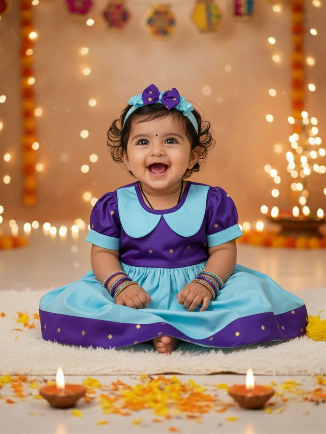 BownBee Festive Half Sleeves Collared  Dress With  Hairband For Infant Girls