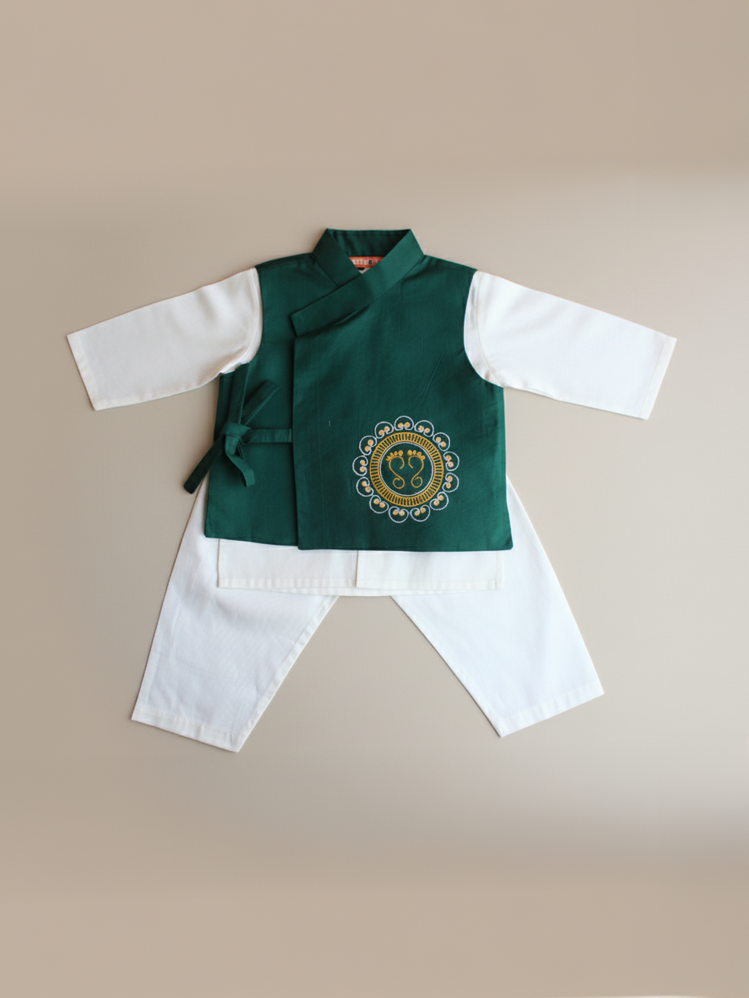 BownBee Pure Cotton Embroidered  Kurta Pajama With Jacket Set For Boys -Green