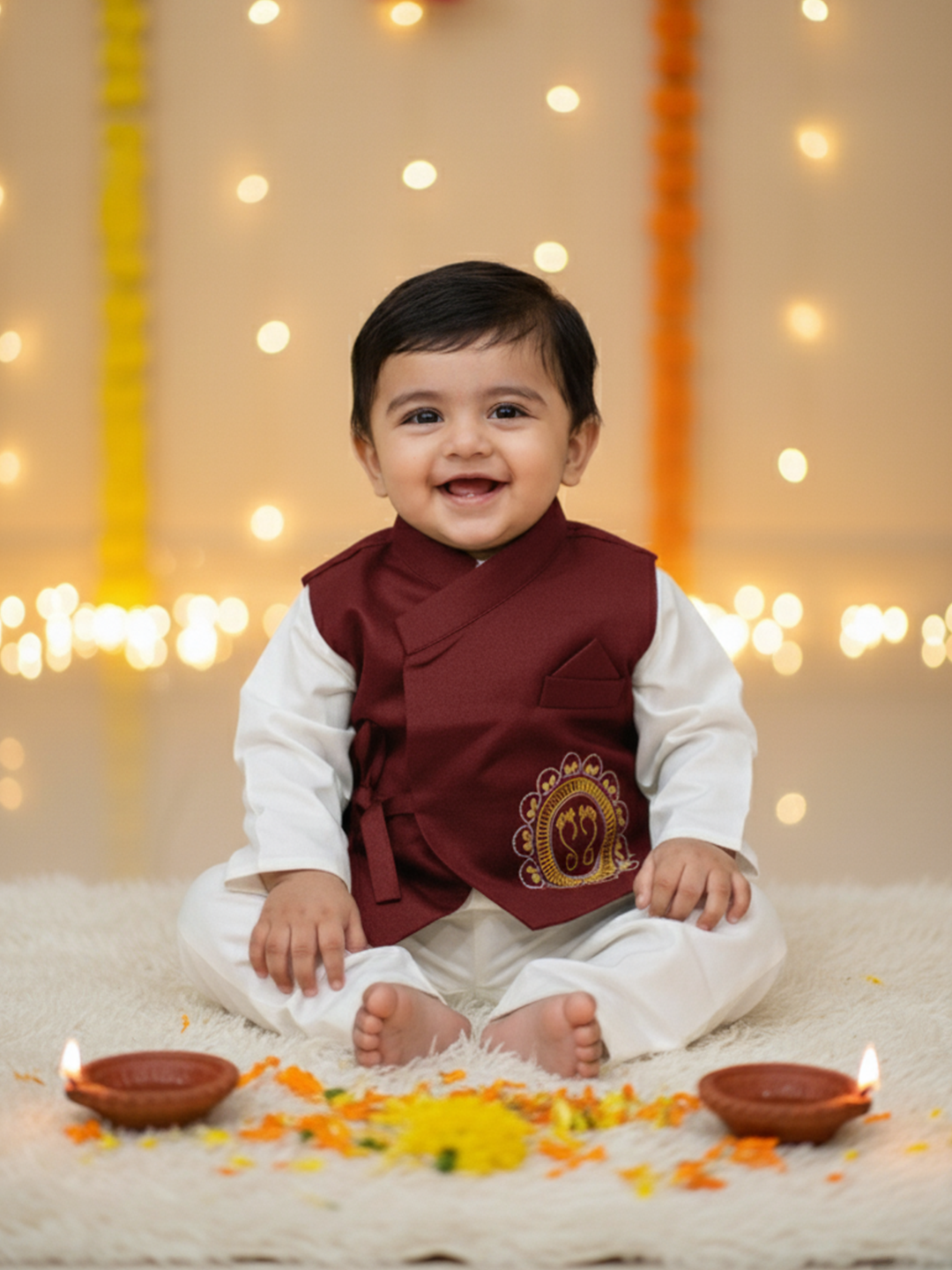 BownBee Pure Cotton Embroidered  Kurta Pajama With Jacket Set For Boys - Maroon