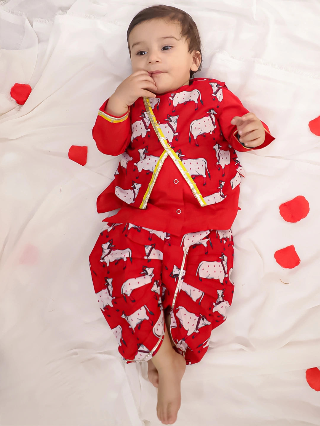 BownBee Pure Cotton Printed Dhoti Kurta With Jacket Set For Boys