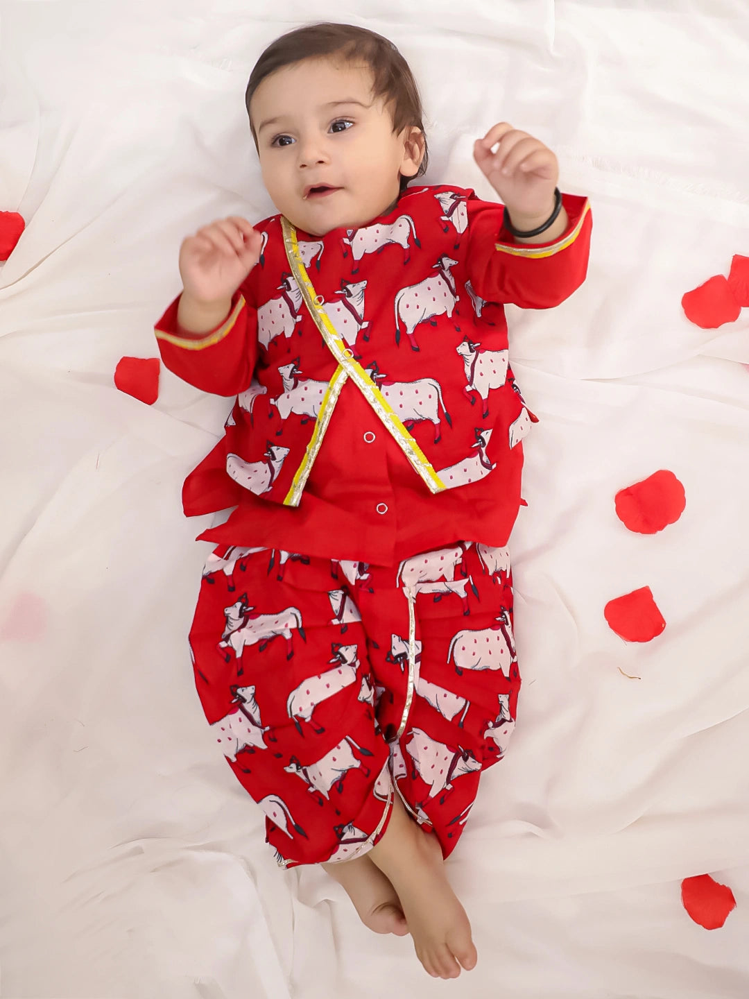 BownBee Pure Cotton Printed Dhoti Kurta With Jacket Set For Boys