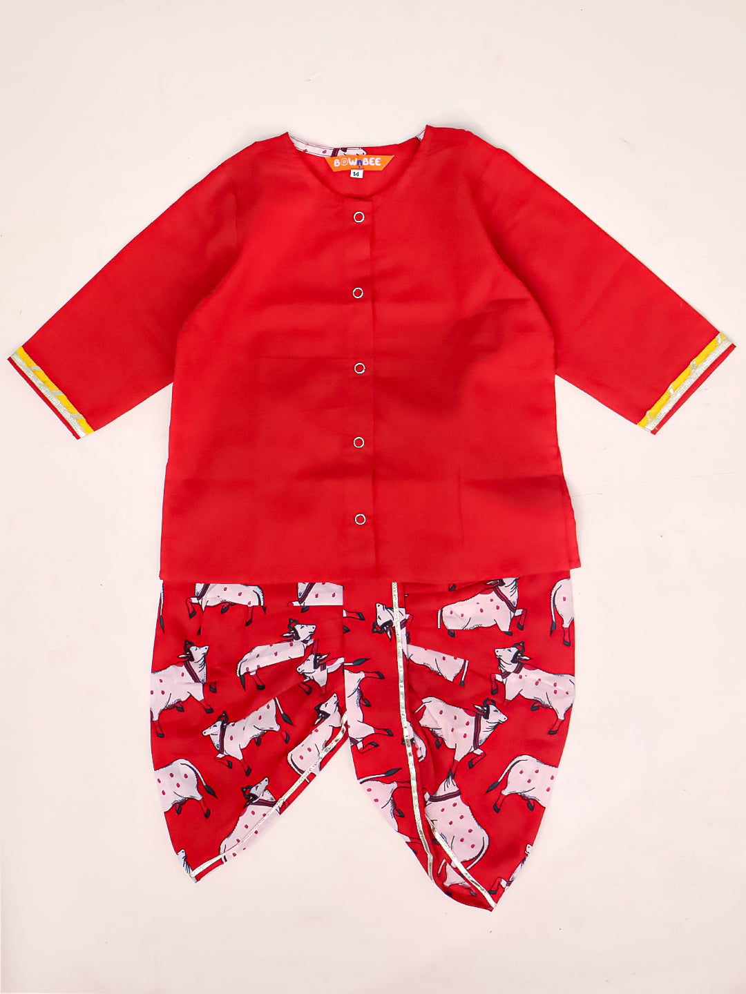 BownBee Pure Cotton Printed Dhoti Kurta With Jacket Set For Boys -Red
