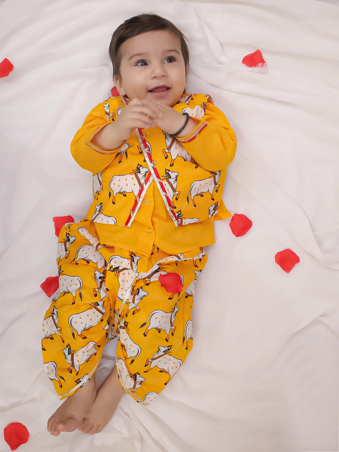 BownBee Pure Cotton Printed Dhoti Kurta With Jacket Set For Boys