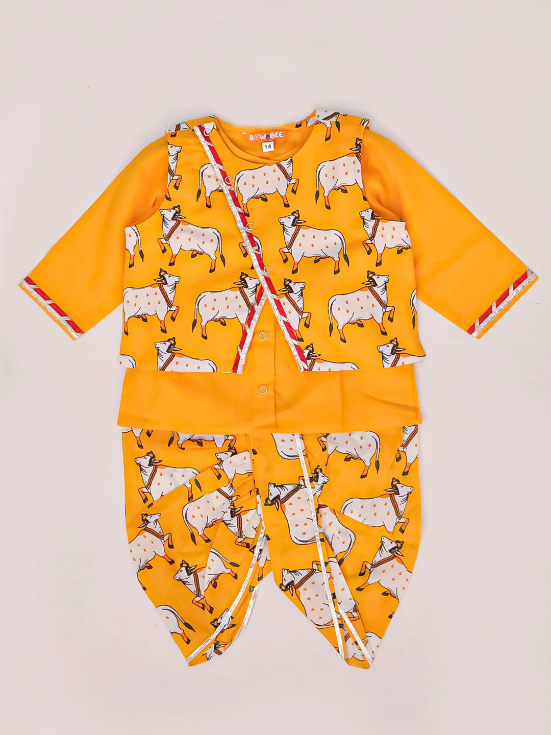 BownBee Pure Cotton Printed Dhoti Kurta With Jacket Set For Boys