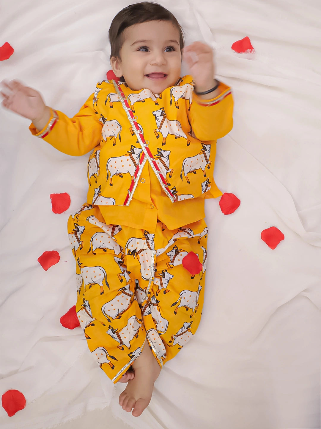 BownBee Pure Cotton Printed Dhoti Kurta With Jacket Set For Boys