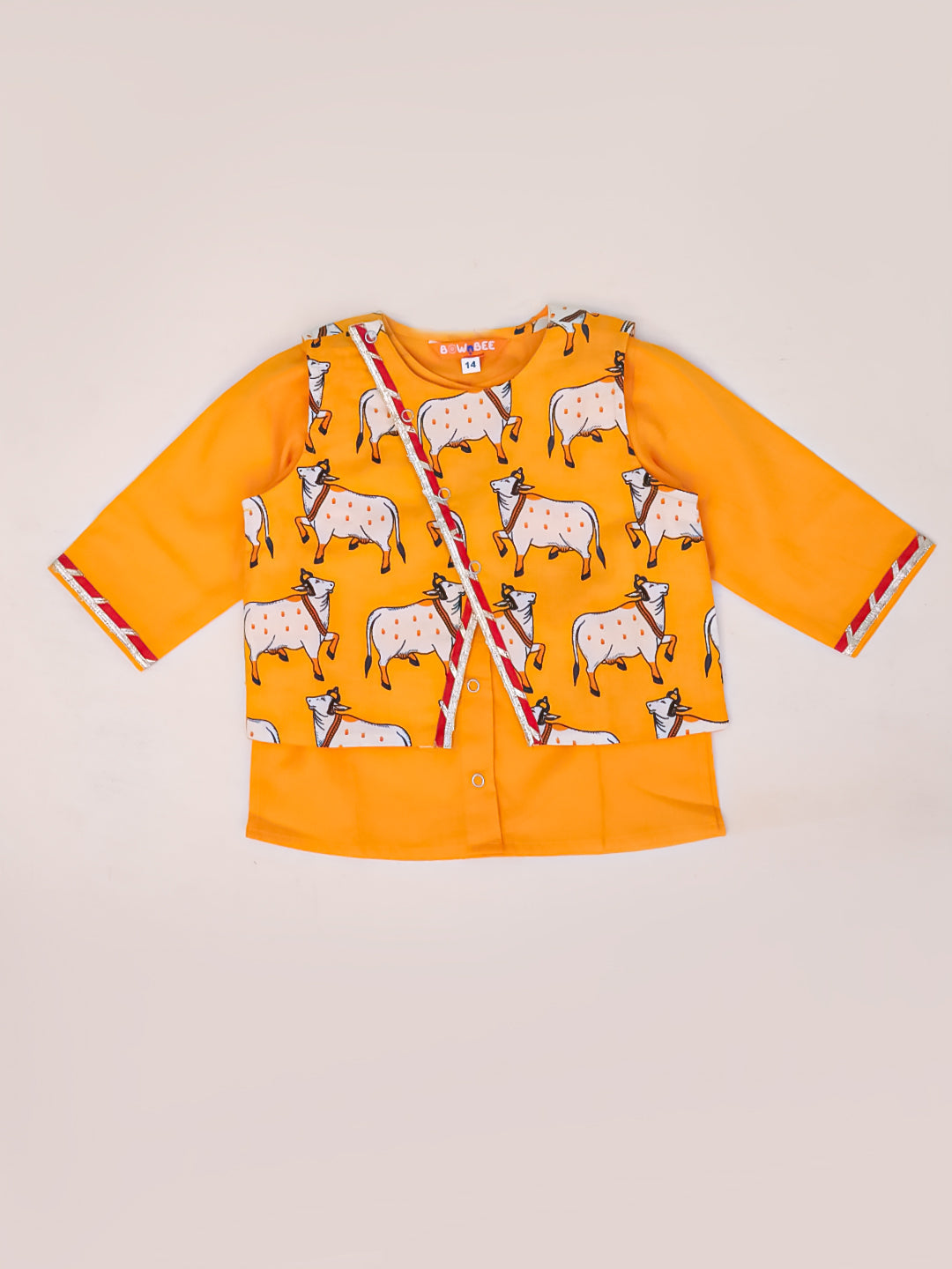 BownBee Pure Cotton Printed Dhoti Kurta With Jacket Set For Boys - Yellow