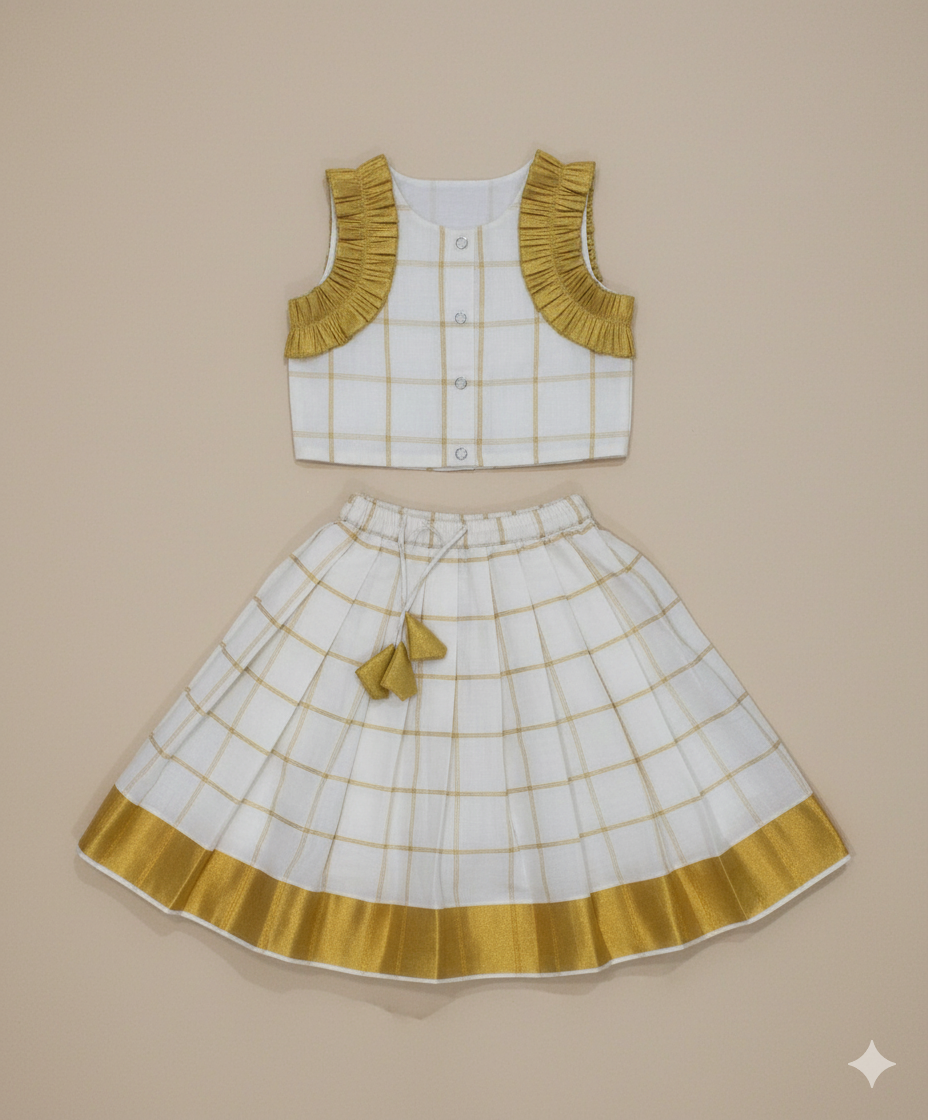 BownBee Sleeveless Pure Cotton Lehenga Choli Set For Girls  - Off White