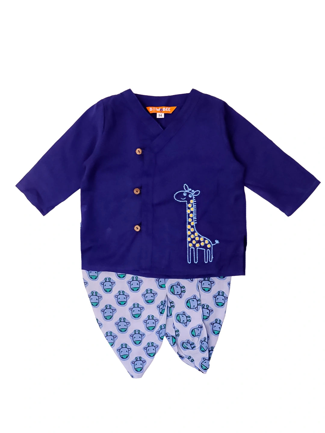 BownBee Pure Cotton Embroidered Giraf Dhoti Kurta For Infant Boys