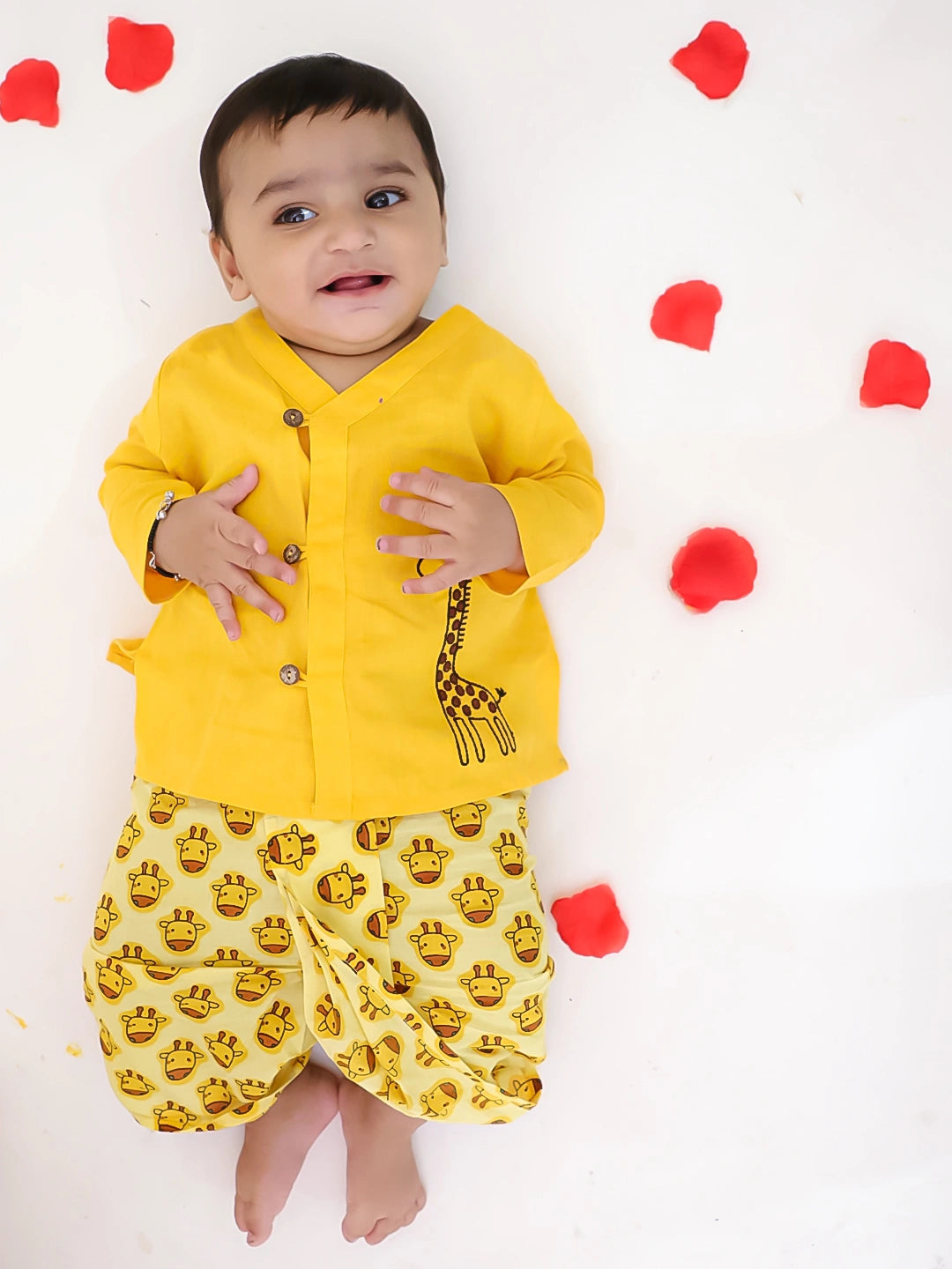 BownBee Pure Cotton Embroidered Giraf Dhoti Kurta For Infant Boys
