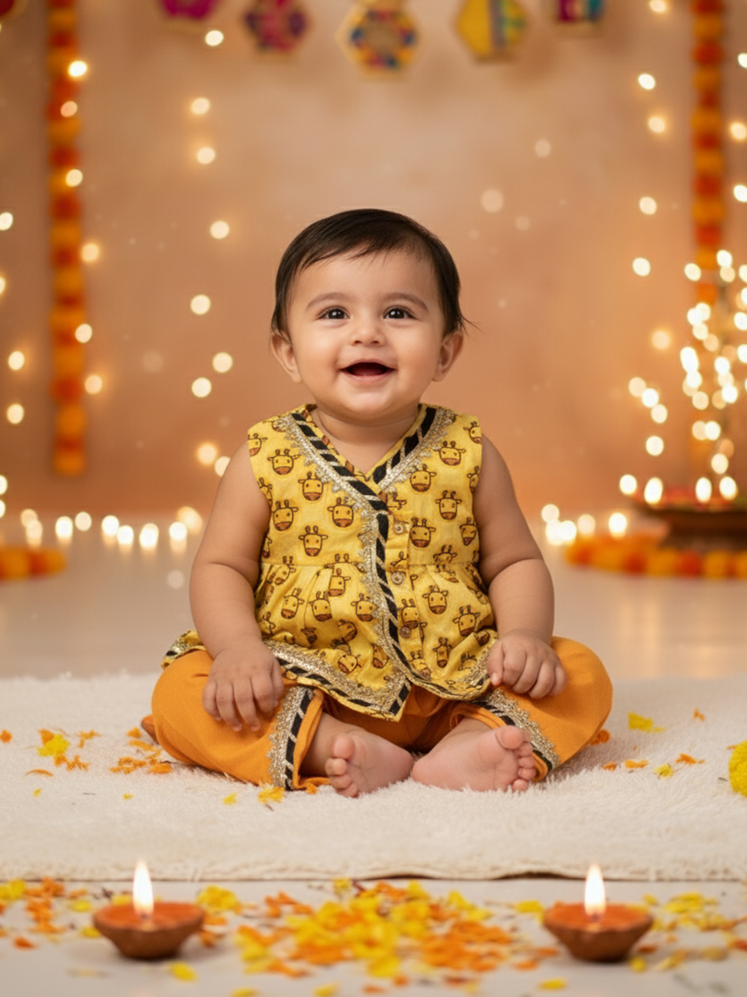 BownBee Pure Cotton Printed Kurti With Dhoti For Girls - Yellow