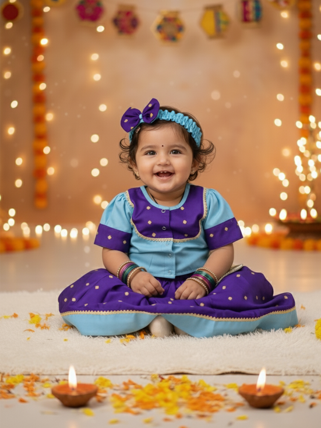 BownBee Festive Puff Sleeves Silk Lehenga Choli For Infant Girls