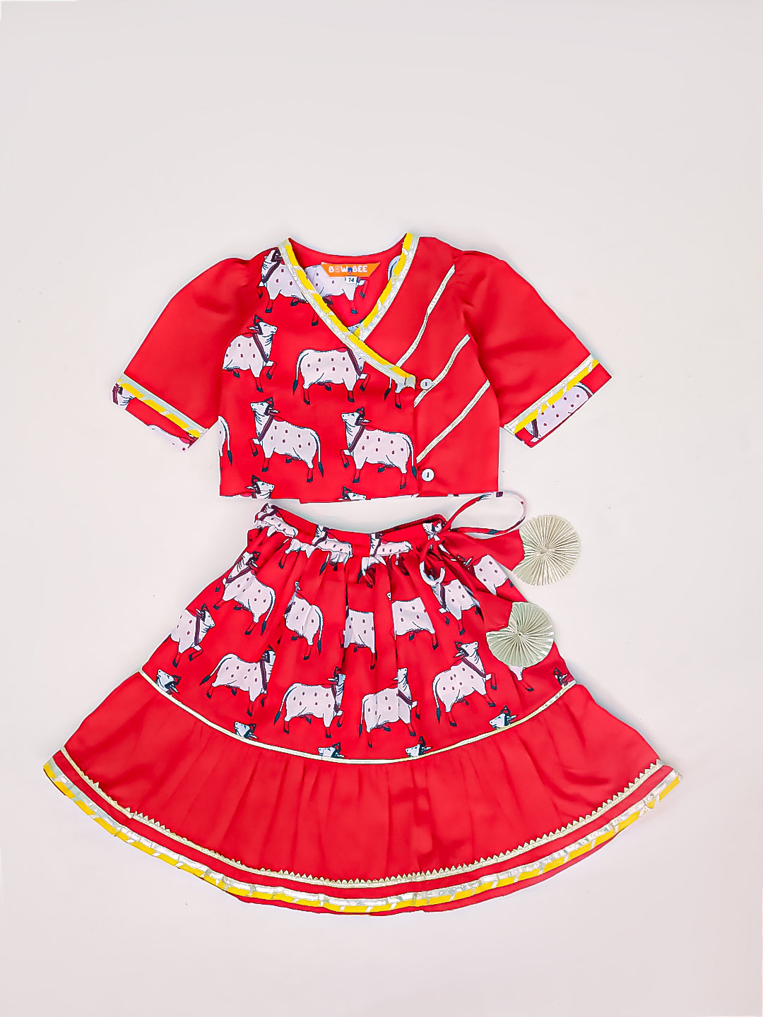 BownBee Pure Cotton Pichwai Print Lehenga Choli Set For Infant Girls - Red