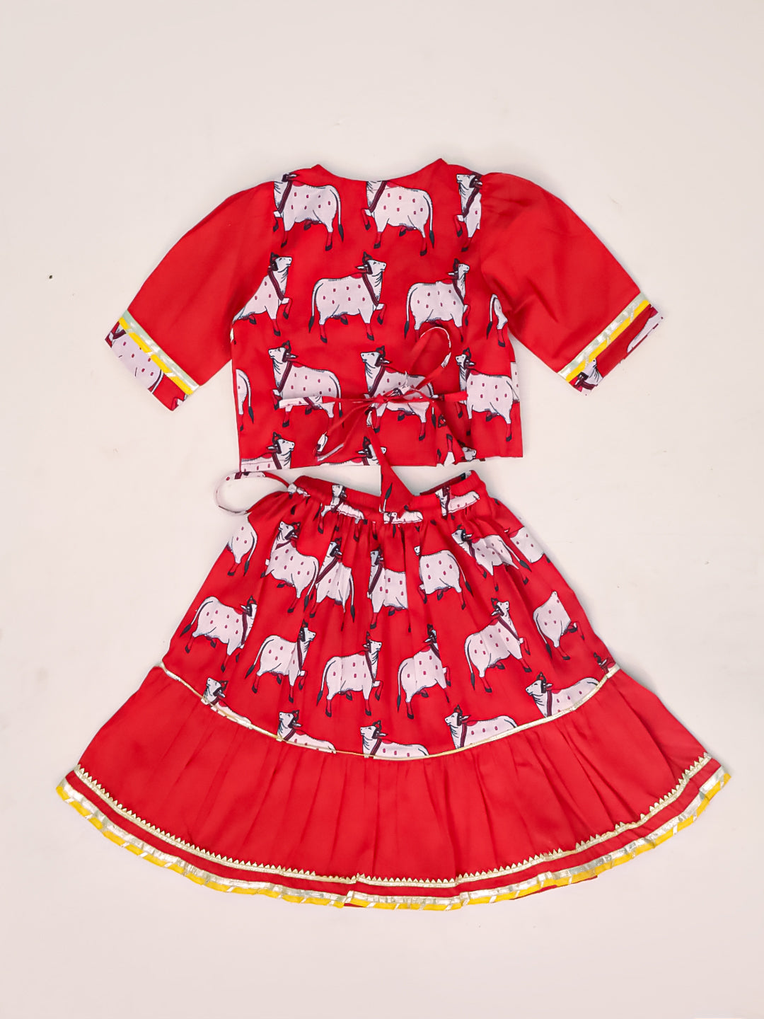 BownBee Pure Cotton Pichwai Print Lehenga Choli Set For Infant Girls - Red