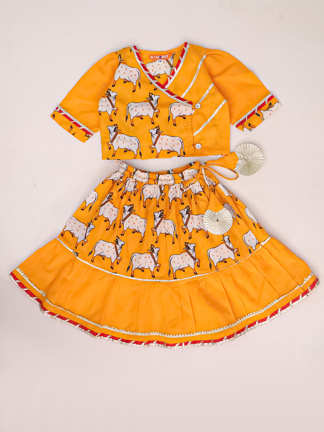 BownBee Pure Cotton Pichwai Print Lehenga Choli Set For Infant Girls - Red