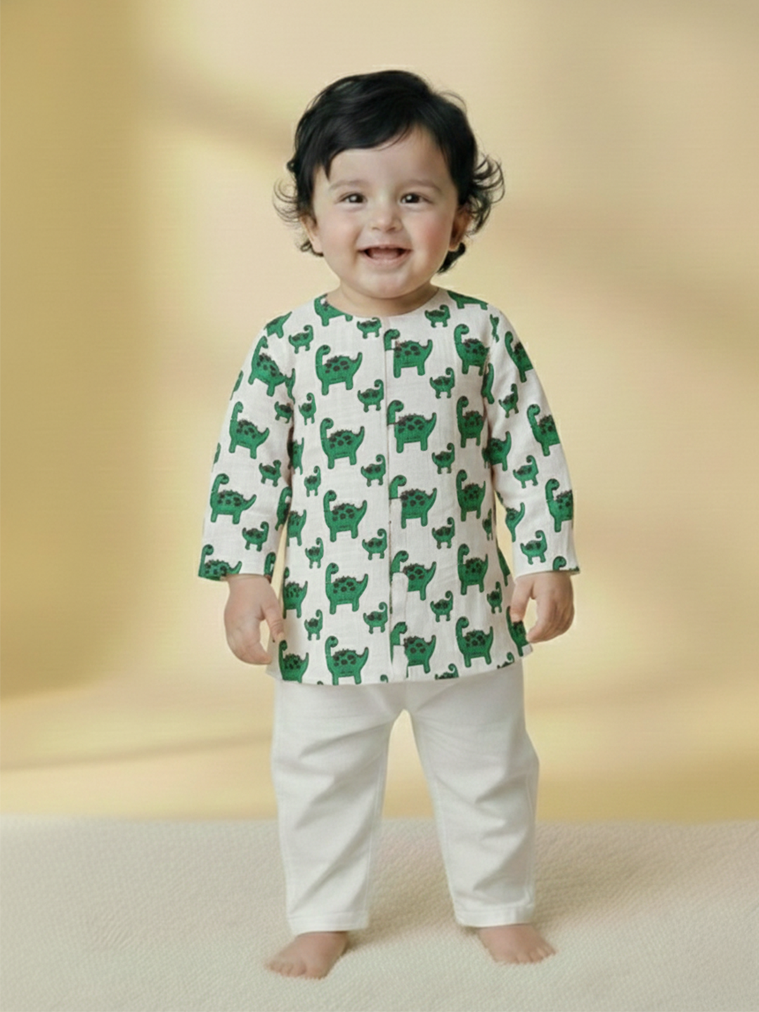 BownBee Fullsleeves Quirky Print  Kurta Pyjama For Infant Boy - Green