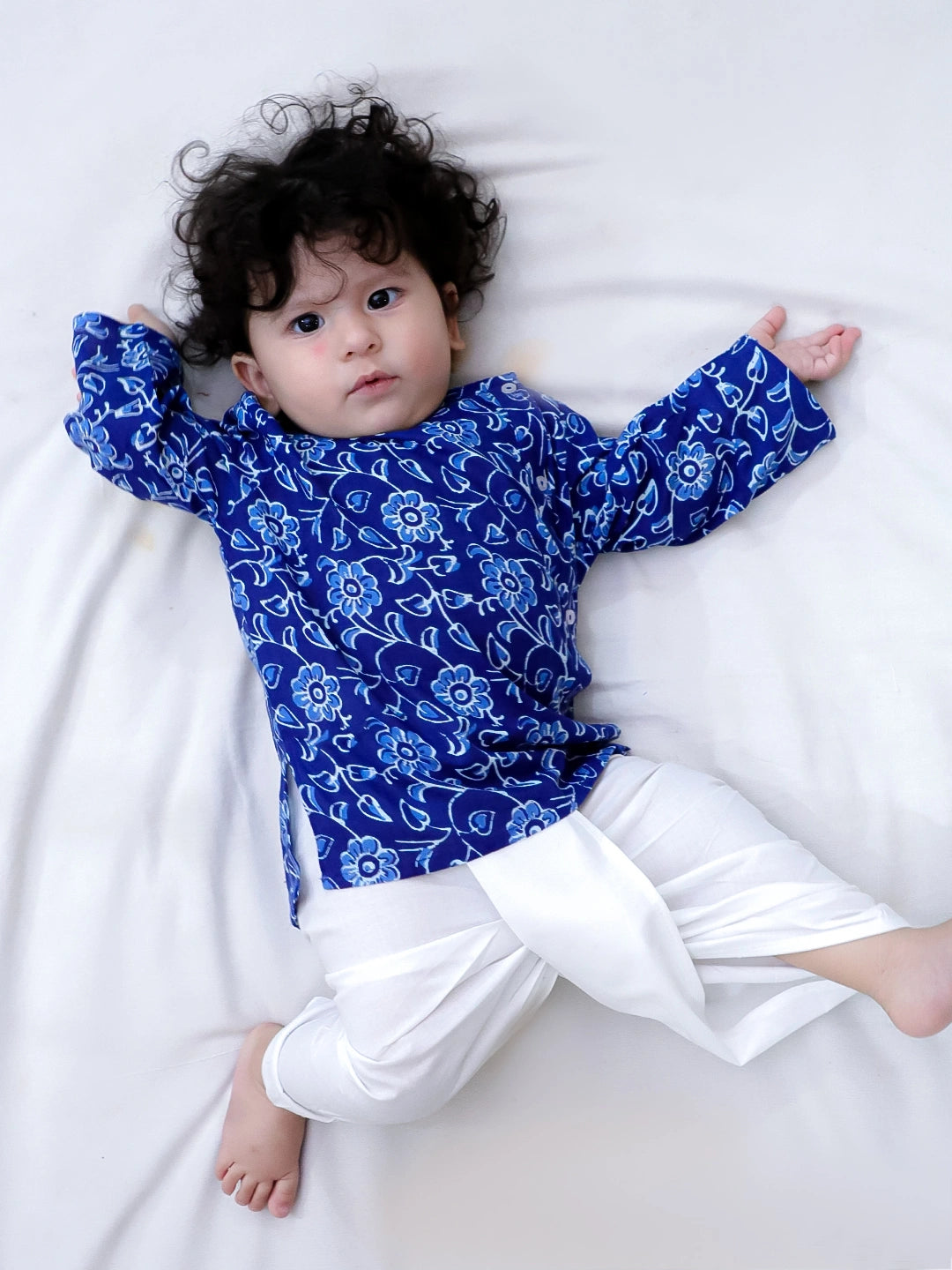 Bownbee Boys Pure Cotton Dhoti Kurta For Infants  - Printed - Indigo