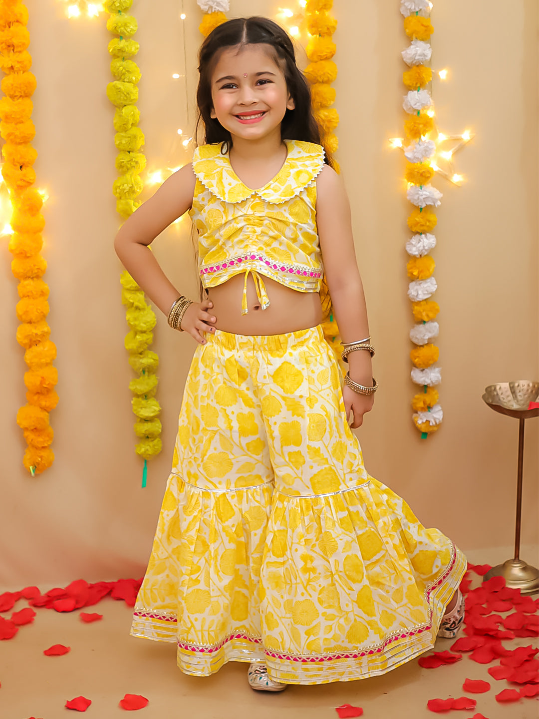 BownBee Pure Cotton Printed Indo-Western Set  For Girls - Yellow