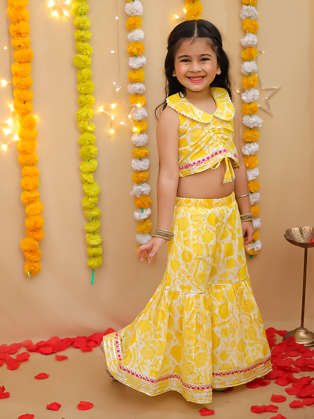 BownBee Pure Cotton Printed Indo-Western Set  For Girls - Yellow