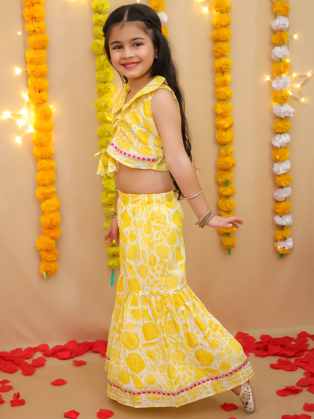 BownBee Pure Cotton Printed Indo-Western Set  For Girls - Yellow