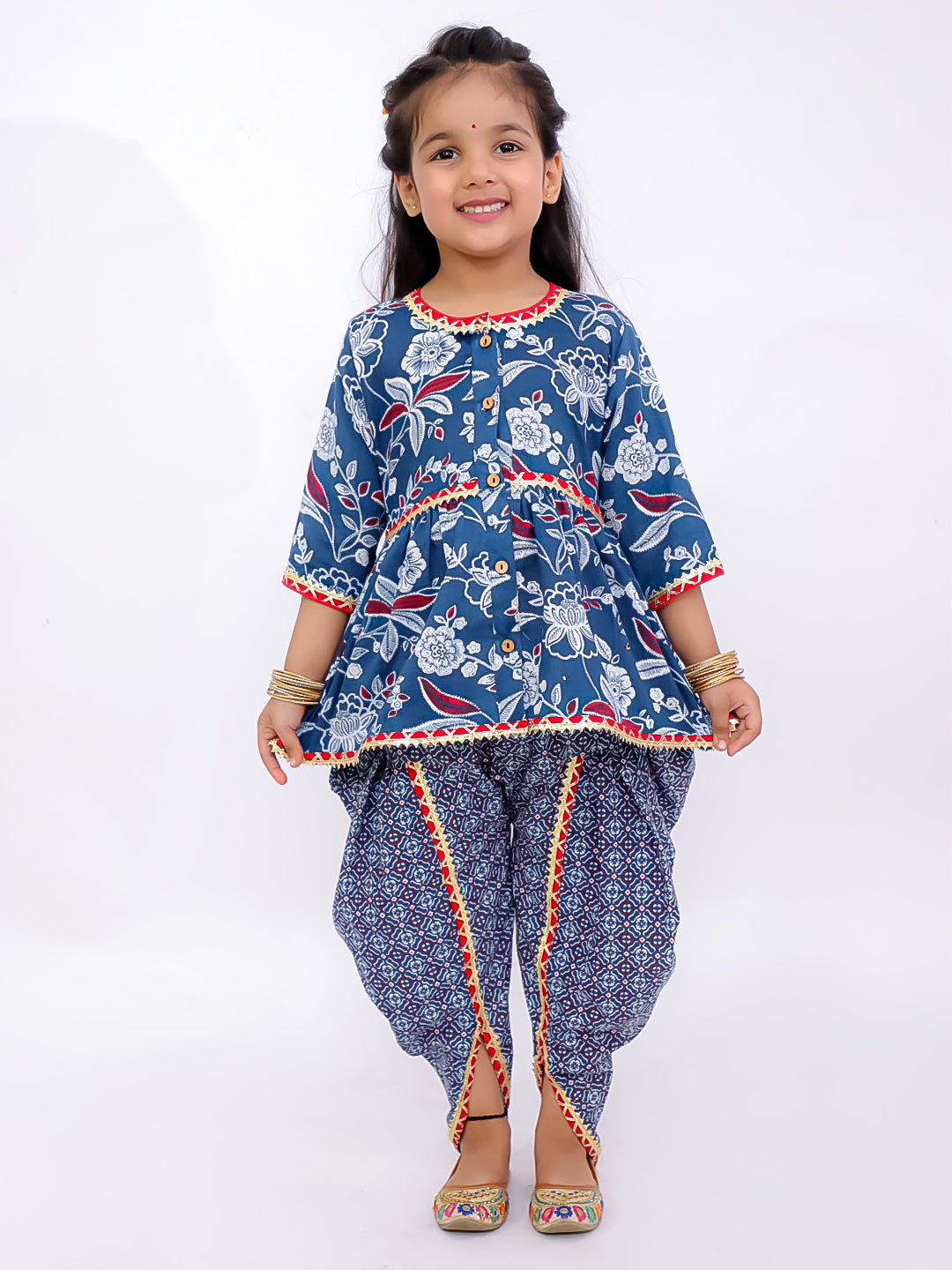 BownBee Floral  3/4th Sleeves Top & Bottom Ethnic Clothing Set For Girls - Blue