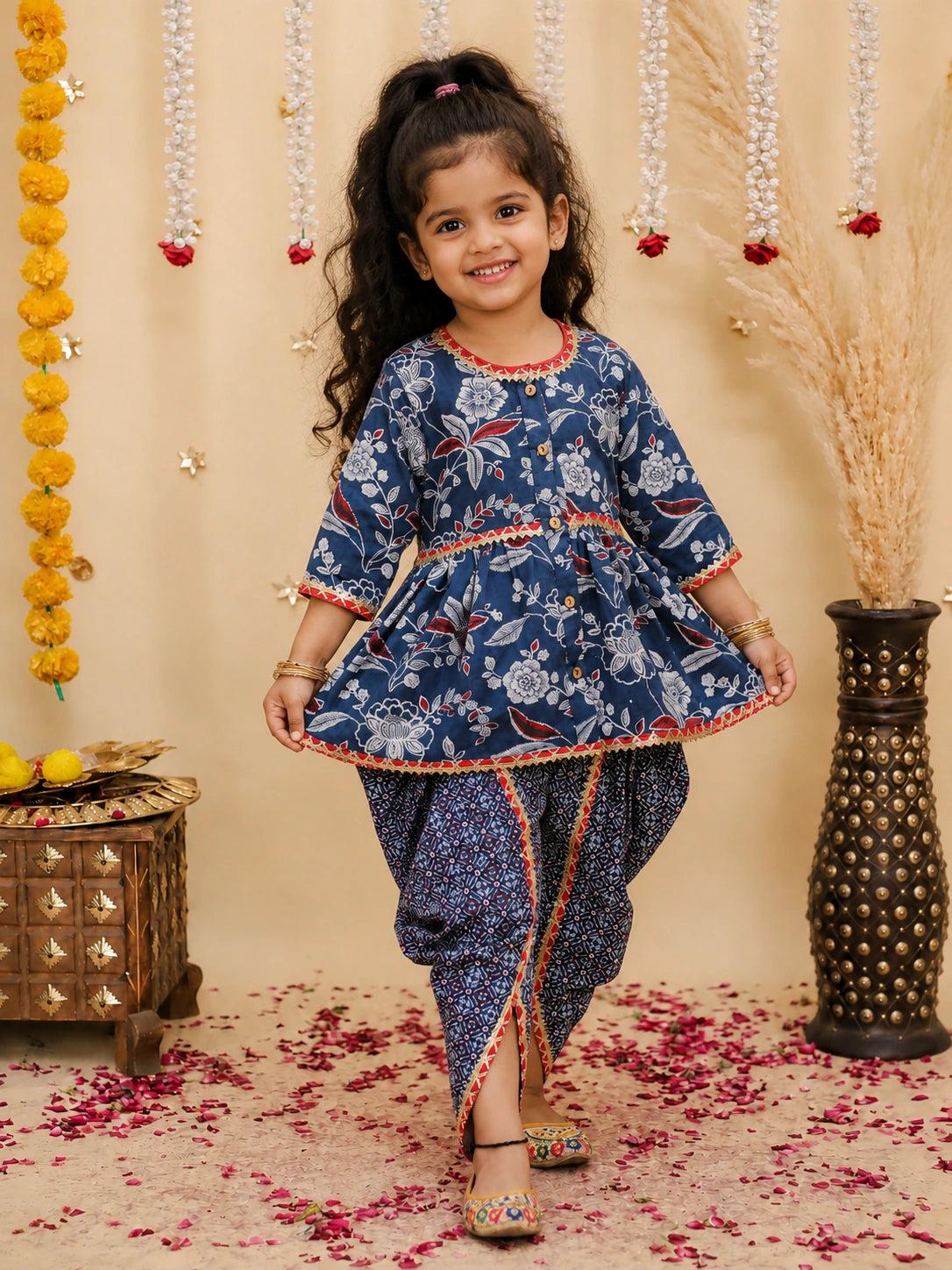 BownBee Floral  3/4th Sleeves Top & Bottom Ethnic Clothing Set For Girls