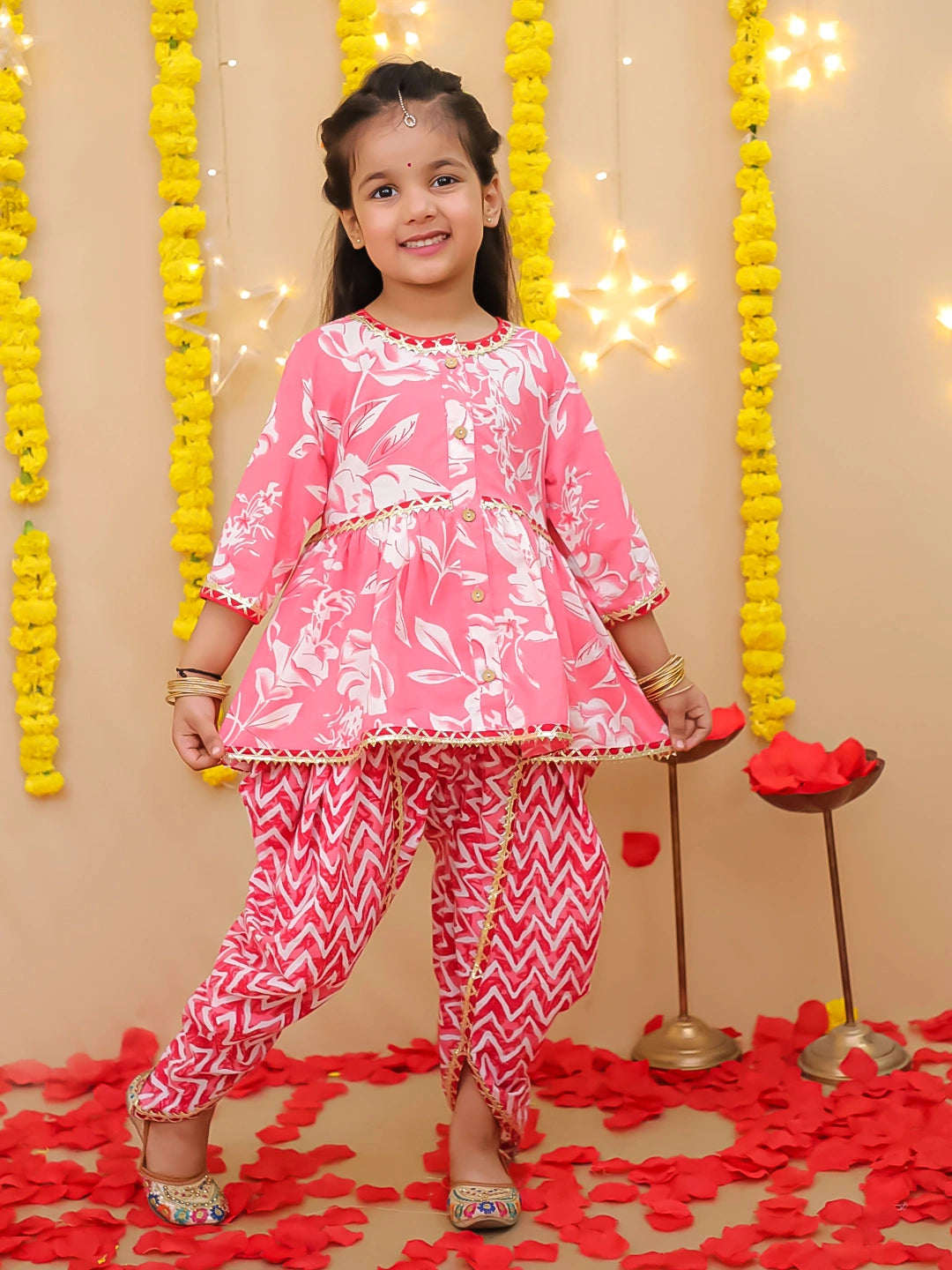 BownBee Floral  3/4th Sleeves Top & Bottom Ethnic Clothing Set For Girls