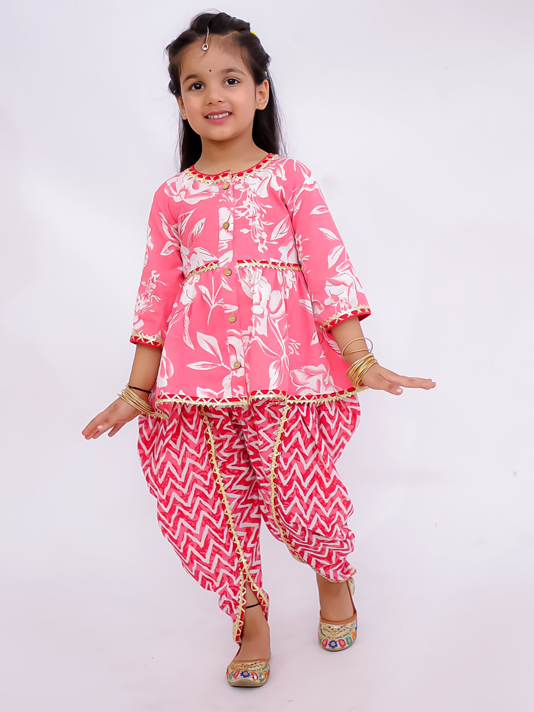 BownBee Floral  3/4th Sleeves Top & Bottom Ethnic Clothing Set For Girls